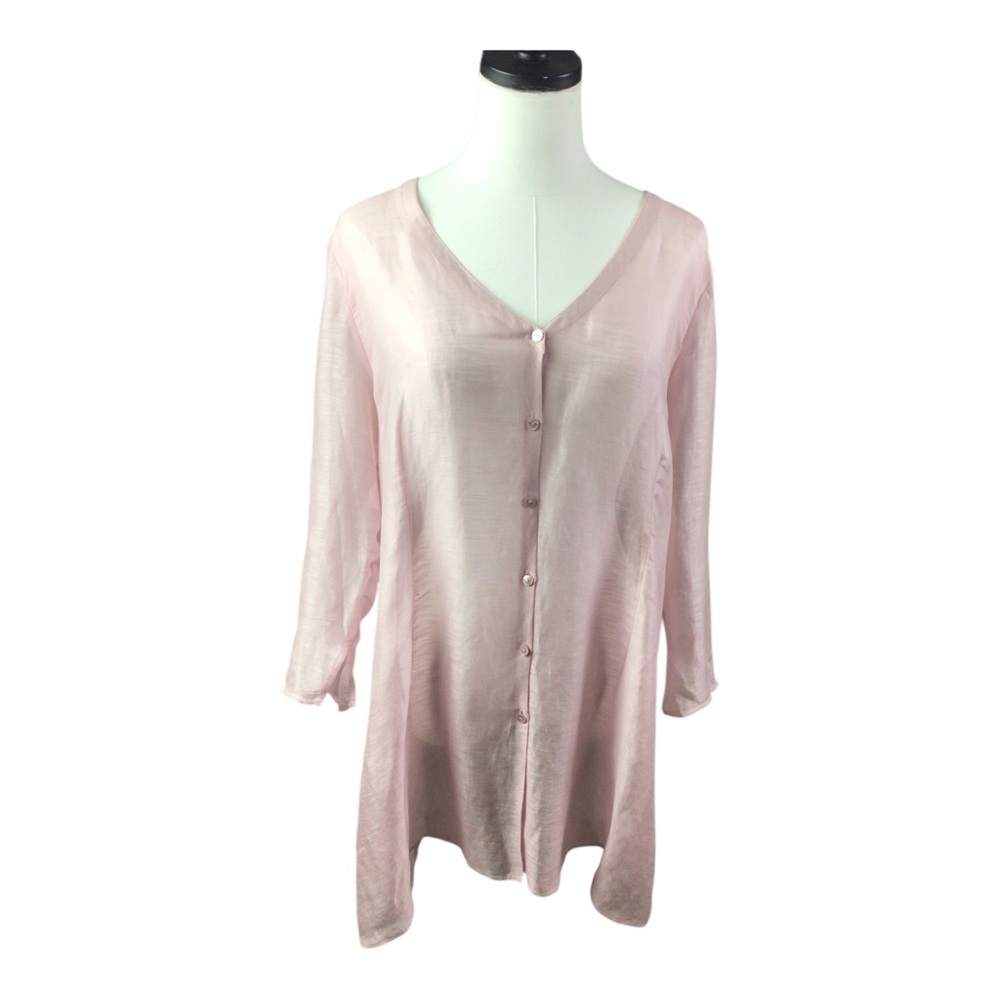 Eileen Fisher Linen Silk Sheer Light Pink V-Neck Button Front Womens Top